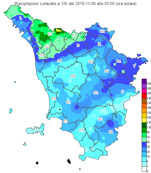 Figura 1b Mappa della distribuzione della pioggia cumulata relativa al giorno 06/11/ 2016 (24h) Figura