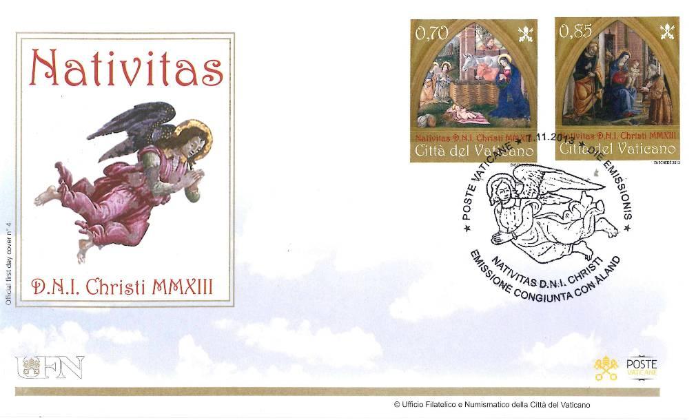 Busta FDC (congiunta con l Ufficio Filatelico e Numismatico) Natale MMXIII Scheda prodotto Descrizione Natale MMXIII Codice FDC 019 Data emissione 7 novembre 2013 Valori postali Annullo 0,70 0,85