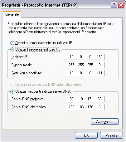 Configurazione TCP/IP statica 2/2 Selezionare la voce