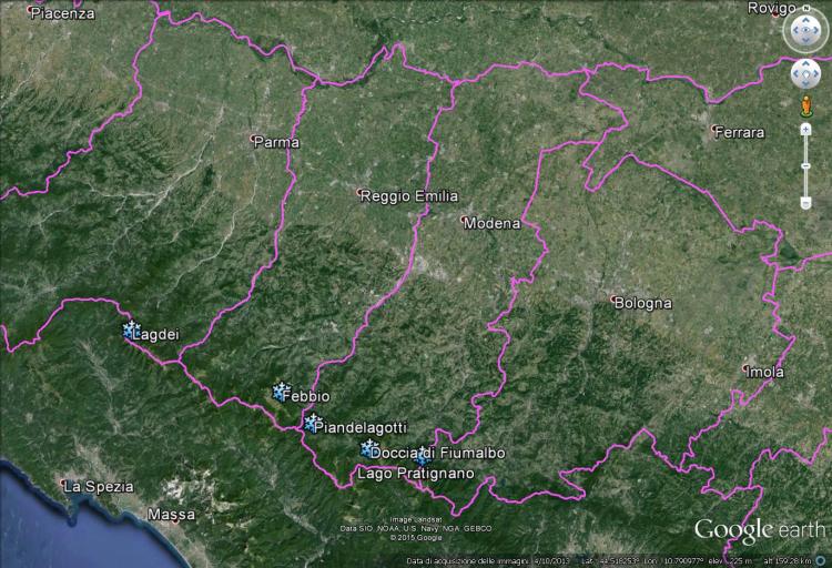 Figura 14 è indicata la loro posizione. Figura 14: Localizzazione delle stazioni nivometriche riportate nel grafico di Figura 15. Figura 15: Spessore del manto nevoso (in cm).