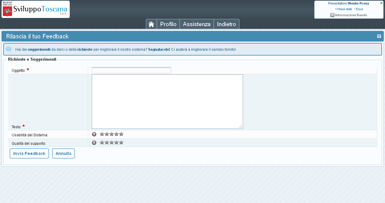 L utente presentatore Feedback Una volta presentata la domanda è possibile lasciare un feedback ai servizi informatici riguardante il sistema gestionale (premendo il pulsante Richieste e Suggerimenti