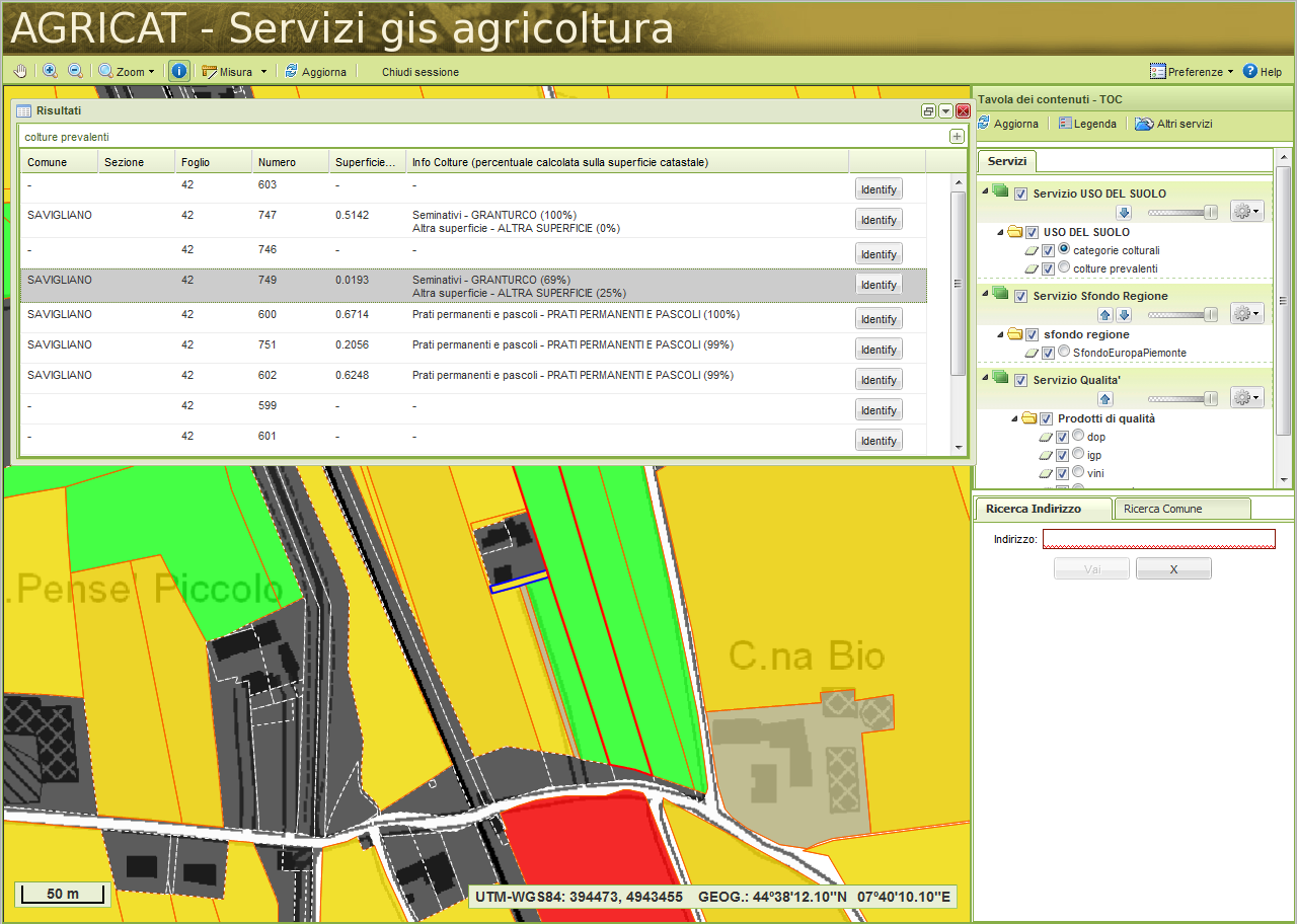 Servizio cartografico QUALITÀ Il servizio permette di visualizzare e consultare i dati riguardanti i prodotti piemontesi appartenenti ai principali sistemi di qualità, nonché la localizzazione delle