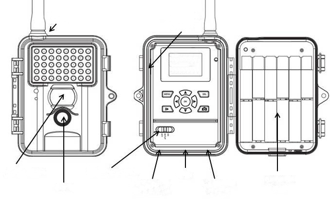 Flash ad Infrarossi Fessura per scheda sim Sensore PIR Pulsante on/off USB Obiettivi Collegamento-V Fessura per Esterno scheda micro SD Vano batteria Guida Rapida 1) Aprite la fotocamera utilizzando