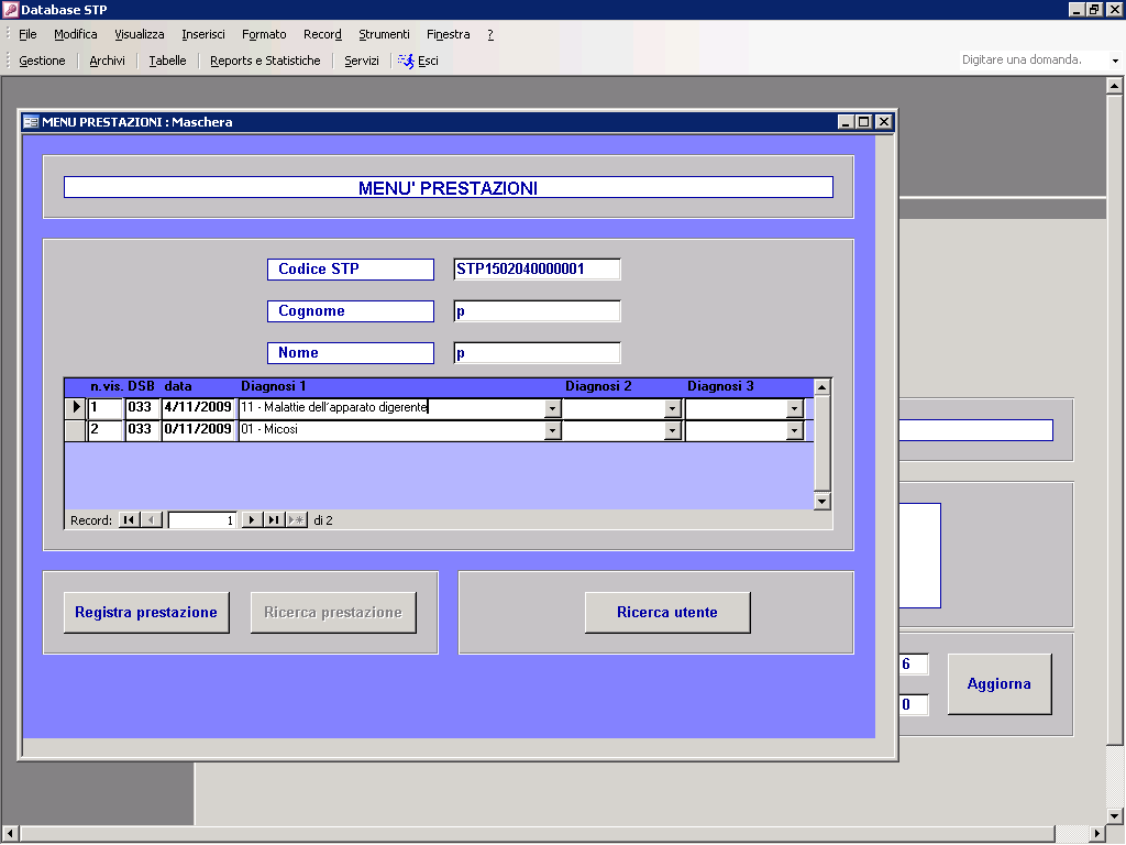 MENU PRESTAZIONI Questa maschera permette di visualizzare il Codice STP, il Cognome, il Nome, il numero di prestazioni, le prestazioni registrate.