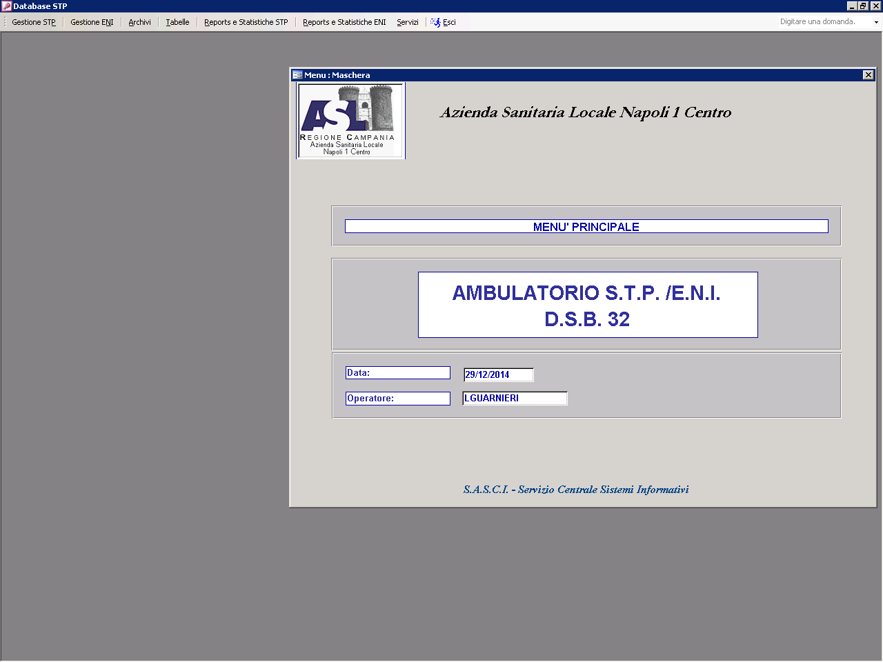 MASCHERA INIZIALE: MENU PRINCIPALE La prima maschera mostra le seguenti voci già compilate in automatico: DATA - OPERATORE N.B.