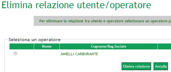 2.5 Elimina relazione utente/operatore Accesso al portale internet GSE La funzione "Elimina relazione utente/operatore" (Fig.