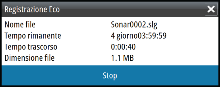 Selezionare Stop nella finestra di dialogo Registrazione Eco per interrompere completamente la registrazione di tutti i dati dell'ecoscandaglio.