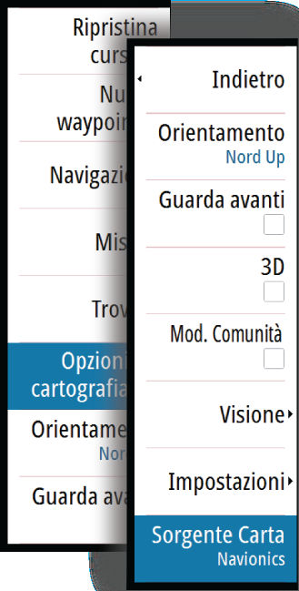 Selezione del tipo di carta È possibile specificare il tipo di carta nel riquadro cartografico selezionando uno dei tipi di carta disponibili nell'opzione di menu Sorgente Carta.