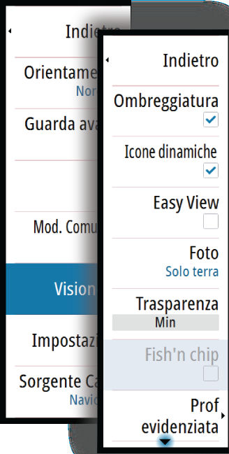 Opzioni di visualizzazione Navionics Ombreggiatura della carta L'ombreggiatura aggiunge alla carta informazioni sul terreno.