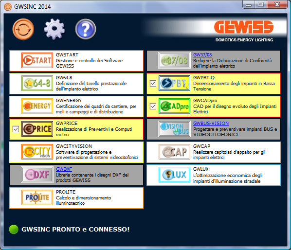 20 - Aggiornamento con GWSINC Manuale GW37/08 GWSINC è un semplice programma che una volta installato consente di aggiornare automaticamente tutti i software GEWISS, l unico requisito richiesto è una