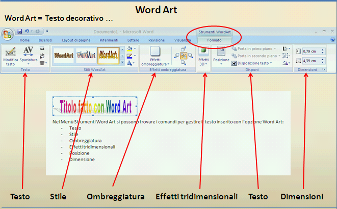 Word Art (Testo artistico) Corso Informatica Approfondimento Word 3 Nel Menù Inserisci, sottomenù Testo, è presente il comando Word Art (Testo artistico).