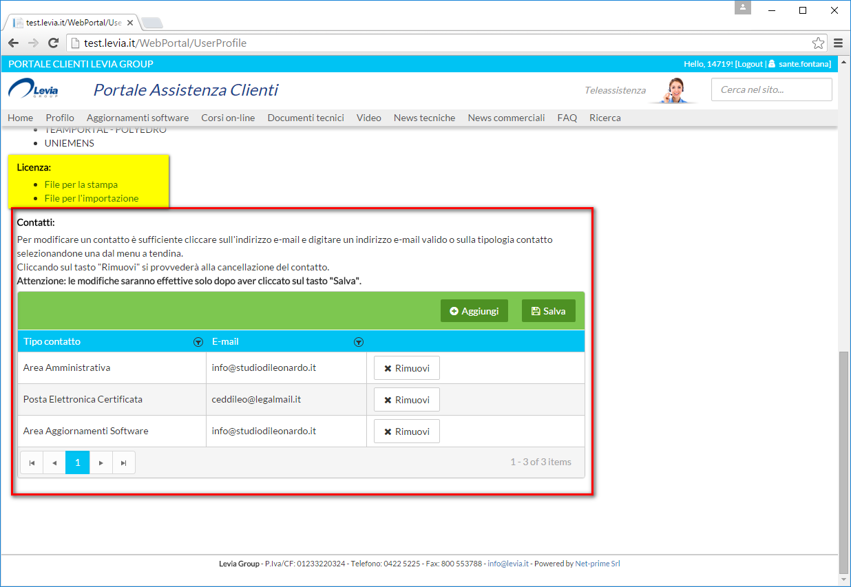 Dalle voci sotto evidenziato in giallo è possibile: Scaricare il file delle licenze per stamparlo (formato PDF) Scaricare il file delle licenze per importarlo nei programmi (formato TXT) Dal riquadro