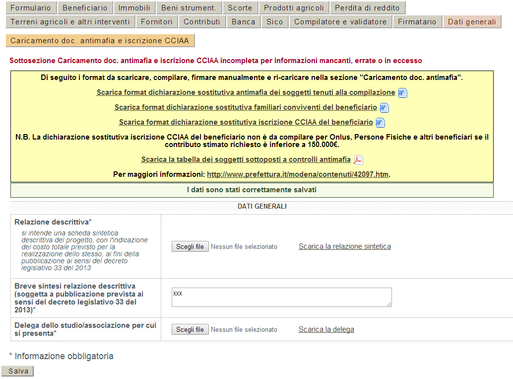 3.12. SEZIONE DATI GENERALI Per accedere alla sezione dati generali della domanda cliccare sul pulsante "Dati generali" (Menu sezioni).