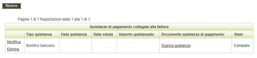 La procedura visualizza una tabella riepilogativa dell elenco delle Quietanze di pagamento collegate al giustificativo di spesa, dalla quale è possibile modificare e cancellare le voci già inserite