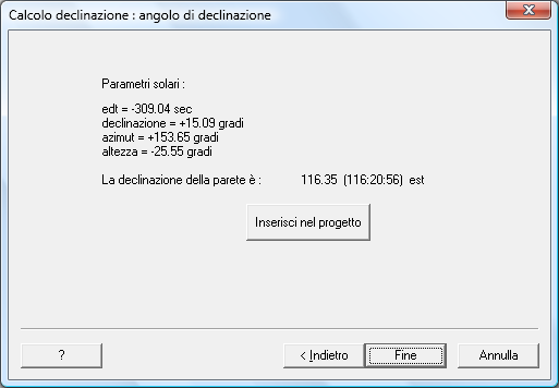 La finestra seguente mostra i parametri solari al momento della misura ed il valore di declinazione della parete calcolato.