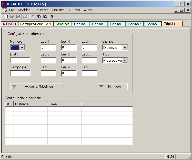 1.1.3 Configurazione e selezione prove Nella pagina Tripmaster si impostano gli spazi e i tempi delle varie prove (max. 30). In Figura 3 è mostrata la pagina di configurazione di seguito descritta.