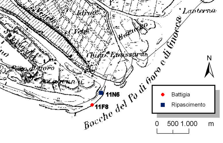 5 - Analisi e Risultati Figura 5.25. Localizzazione dei campioni 11N6 e 11F8 sulle spiagge in destra della foce del Po di Goro.