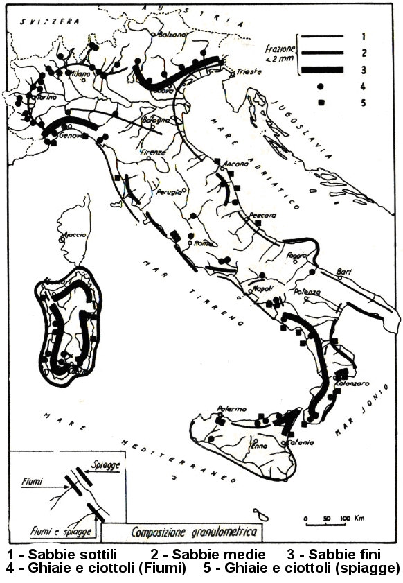 6 - Geodatabase delle sabbie costiere Figura 6.2. Granulometria dei litorali e fiumi italiani (Anselmi et al. 1978). La figura 6.