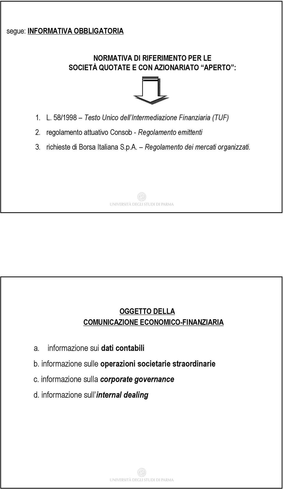 OGGETTO DELLA COMUNICAZIONE ECONOMICO-FINANZIARIA a. informazione sui dati contabili b.