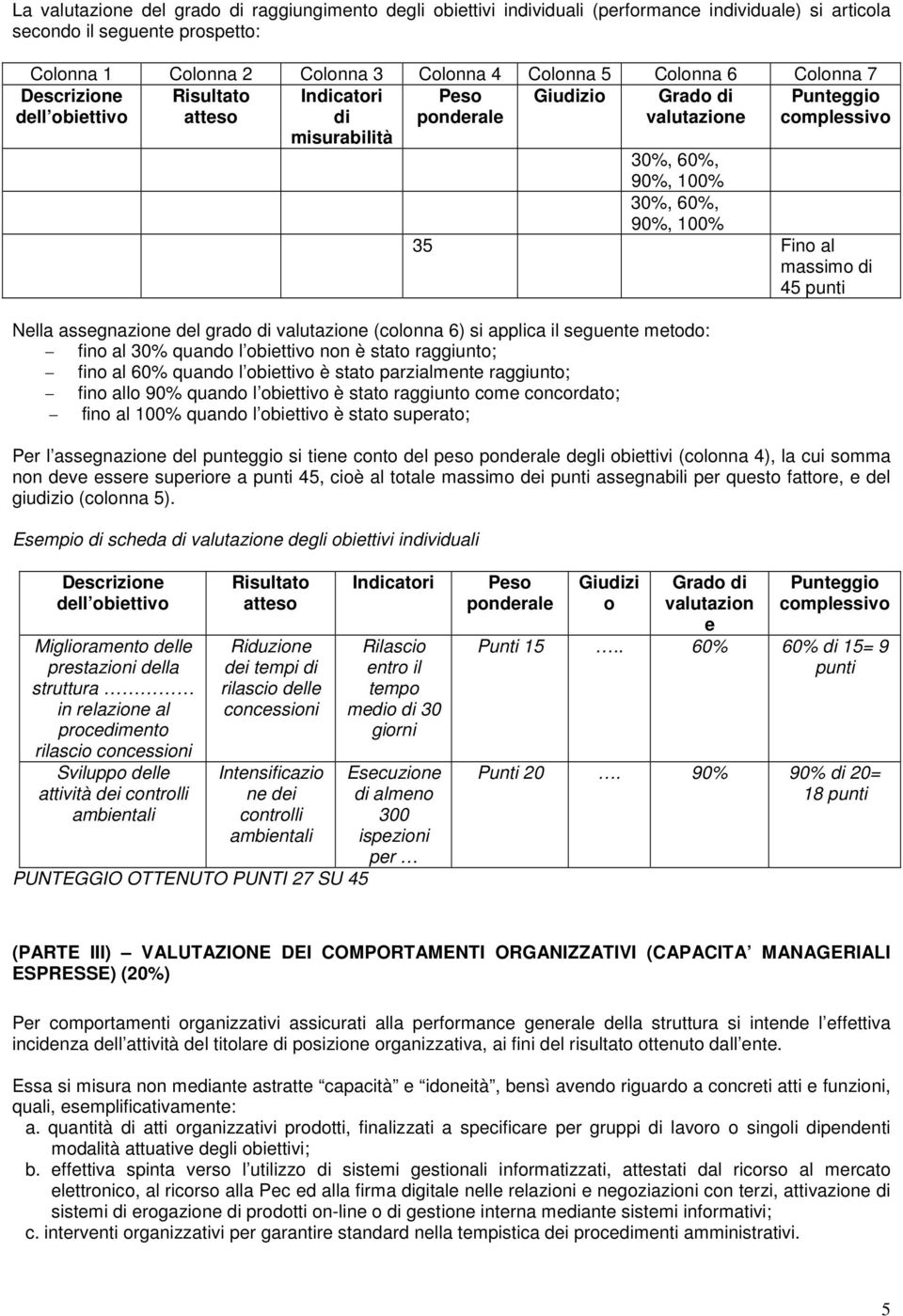 grado di valutazione (colonna 6) si applica il seguente metodo: fino al 30% quando l obiettivo non è stato raggiunto; fino al 60% quando l obiettivo è stato parzialmente raggiunto; fino allo 90%