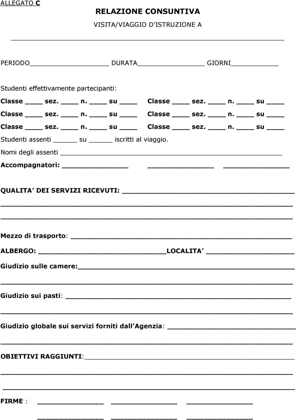 Nomi degli assenti Accompagnatori: QUALITA DEI SERVIZI RICEVUTI: Mezzo di trasporto: ALBERGO: