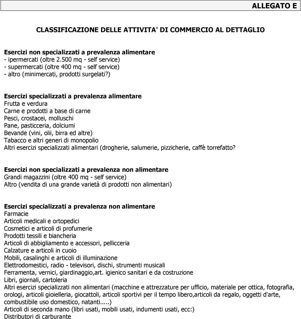 ) Esercizi specializzati a prevalenza alimentare Frutta e verdura Carne e prodotti a base di carne Pesci, crostacei, molluschi Pane, pasticceria, dolciumi Bevande (vini, olii, birra ed altre) Tabacco