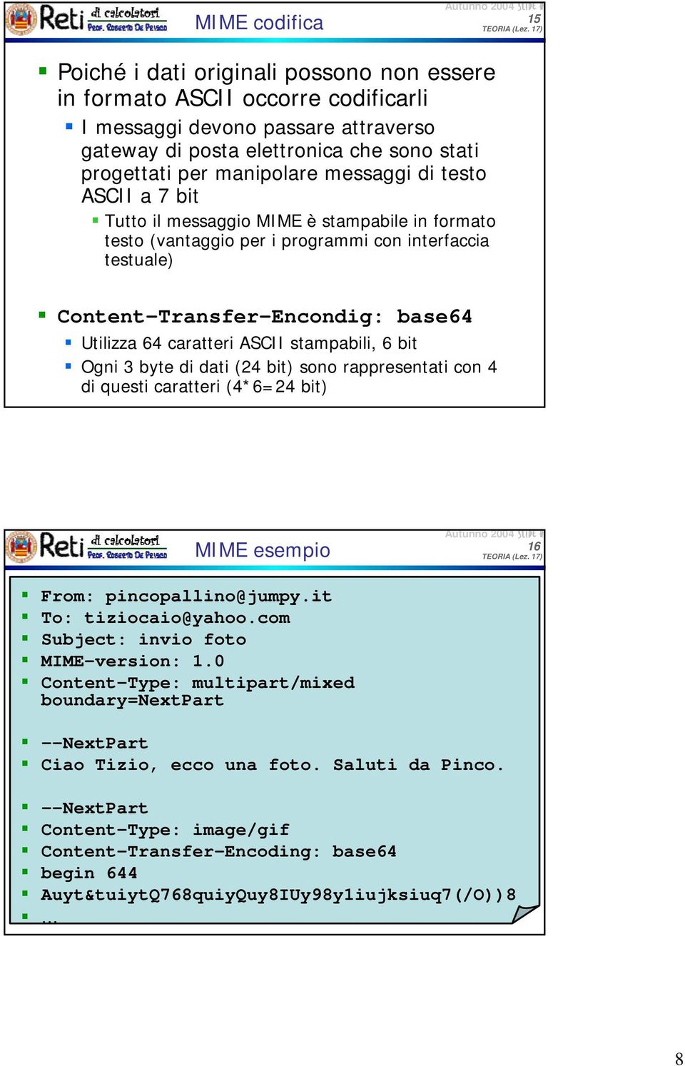 caratteri ASCII stampabili, 6 bit Ogni 3 byte di dati (24 bit) sono rappresentati con 4 di questi caratteri (4*6=24 bit) MIME esempio 16 From: pincopallino@jumpy.it To: tiziocaio@yahoo.