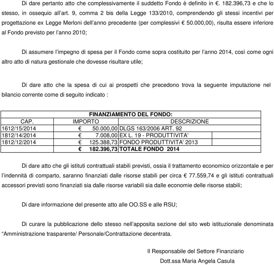 000,00), risulta essere inferiore al Fondo previsto per l anno 2010; Di assumere l impegno di spesa per il Fondo come sopra costituito per l anno 2014, così come ogni altro atto di natura gestionale