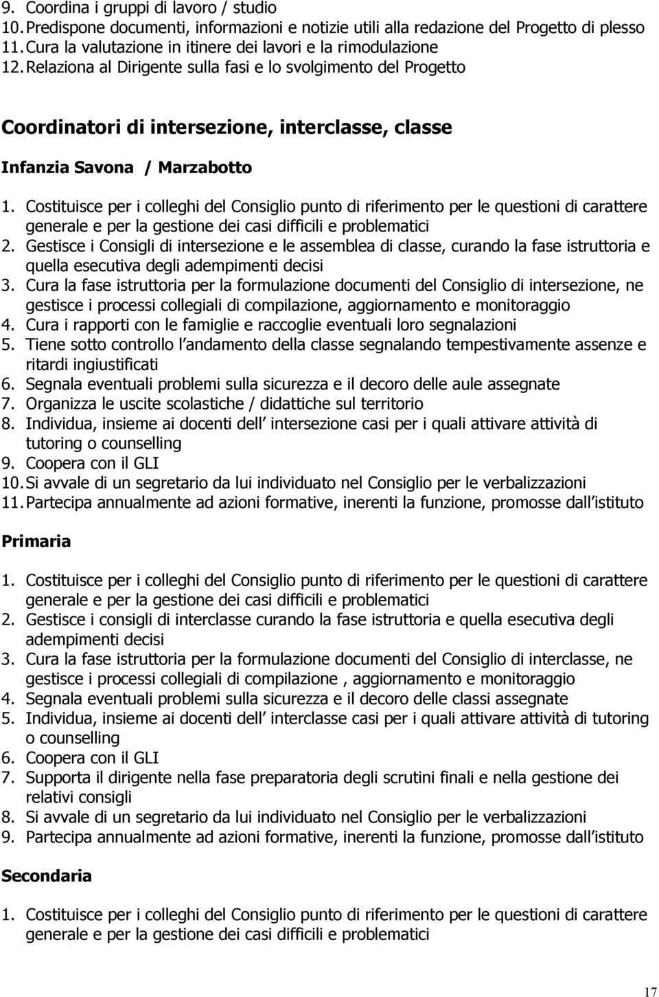 Relaziona al Dirigente sulla fasi e lo svolgimento del Progetto Coordinatori di intersezione, interclasse, classe Infanzia Savona / Marzabotto 1.