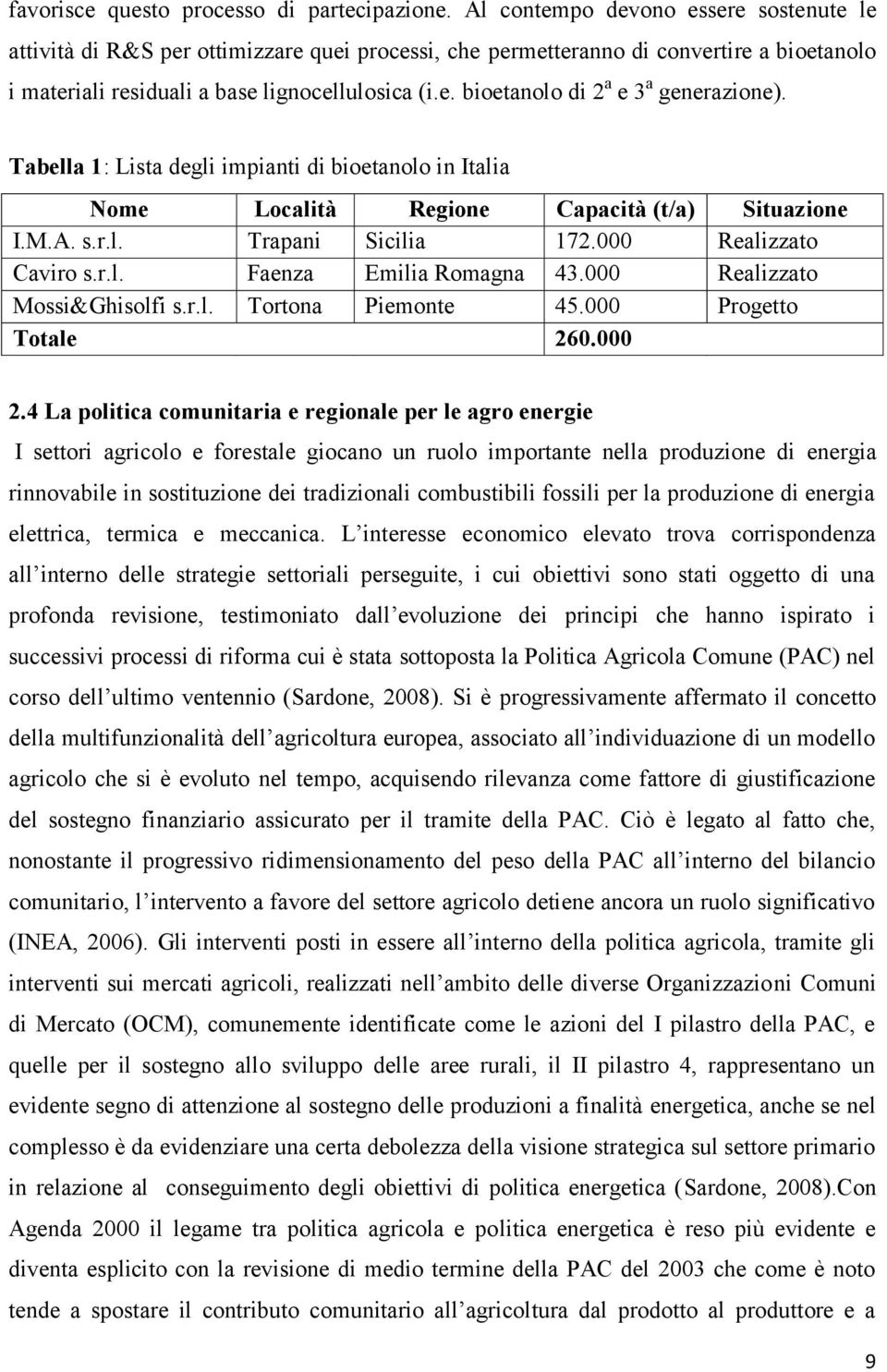 Tabella 1: Lista degli impianti di bioetanolo in Italia Nome Località Regione Capacità (t/a) Situazione I.M.A. s.r.l. Trapani Sicilia 172.000 Realizzato Caviro s.r.l. Faenza Emilia Romagna 43.