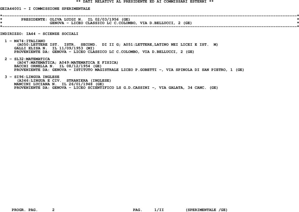 IL 11/09/1953 (MI) PROVENIENTE DA: GENOVA - LICEO CLASSICO LC C.COLOMBO, VIA D.BELLUCCI, 2 (GE) 2 - SL32:MATEMATICA (A047:MATEMATICA; A049:MATEMATICA E FISICA) BACCHI ORNELLA N.