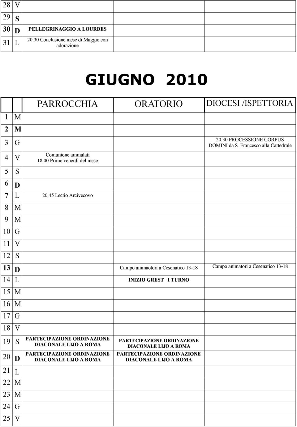 45 Lectio Arcivecovo 8 M 9 M 10 G 11 V 12 S 13 D 14 L Campo animaotori a Cesenatico 13-18 INIZIO GREST I TURNO 15 M 16 M 17 G 18 V 19 S PARTECIPAZIONE