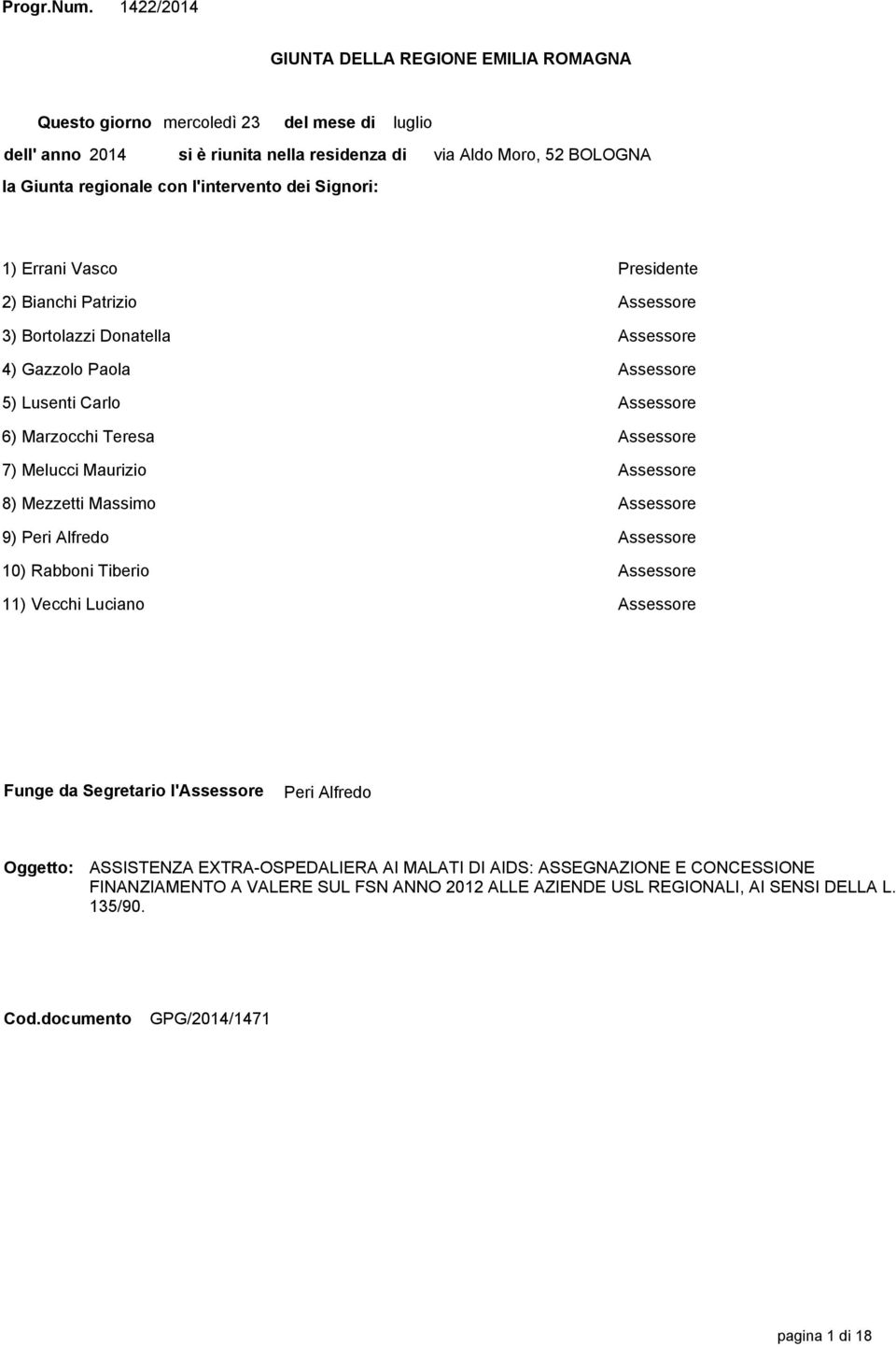 Moro, 52 BOLOGNA 1) Errani Vasco Presidente 2) Bianchi Patrizio Assessore 3) Bortolazzi Donatella Assessore 4) Gazzolo Paola Assessore 5) Lusenti Carlo Assessore 6) Marzocchi Teresa Assessore 7)