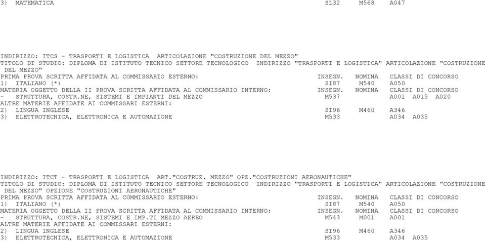 NE, SISTEMI E IMPIANTI DEL MEZZO M537 A001 A015 A020 INDIRIZZO: ITCT - TRASPORTI E LOGISTICA ART."COSTRUZ. MEZZO" OPZ.