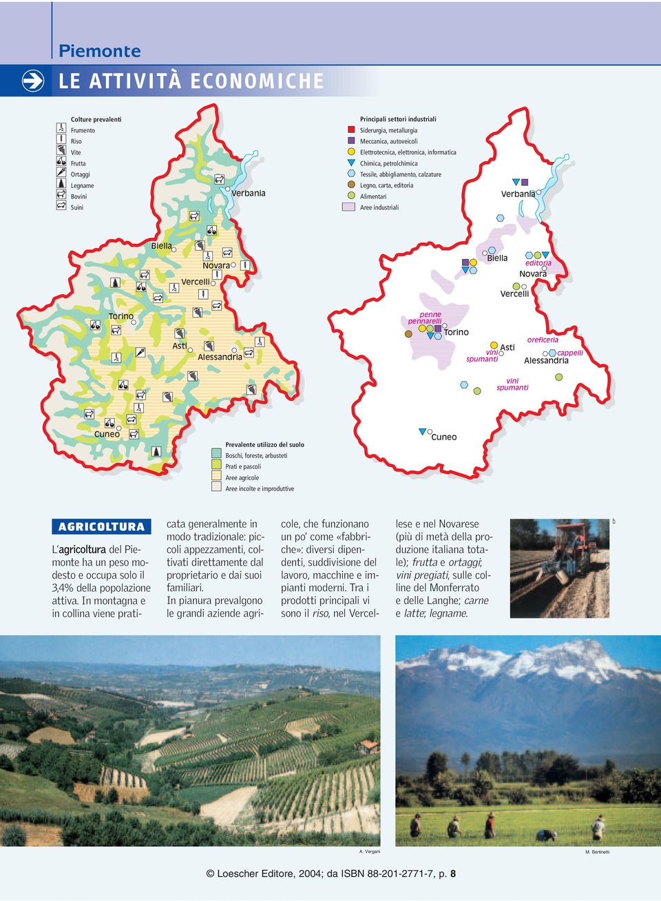 Torino Asti Alessandria penne pennarelli Torino vini spumanti Asti oreficeria cappelli Alessandria vini spumanti Cuneo Prevalente utilizzo del suolo Boschi, foreste, arbusteti Prati e pascoli Aree