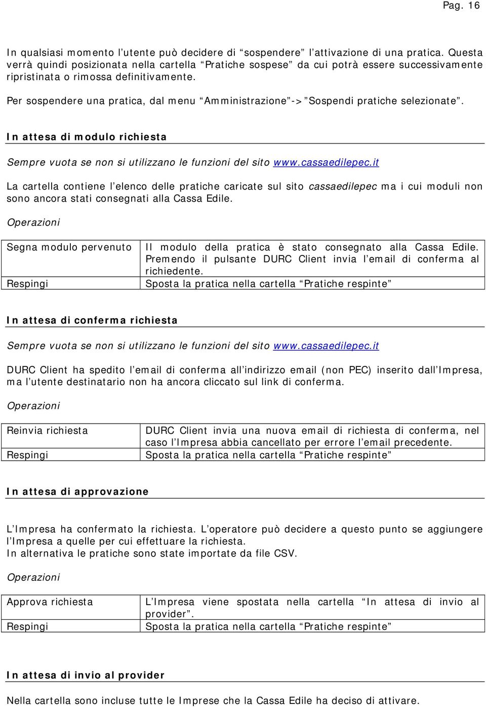 Per sospendere una pratica, dal menu Amministrazione -> Sospendi pratiche selezionate. In attesa di modulo richiesta Sempre vuota se non si utilizzano le funzioni del sito www.cassaedilepec.