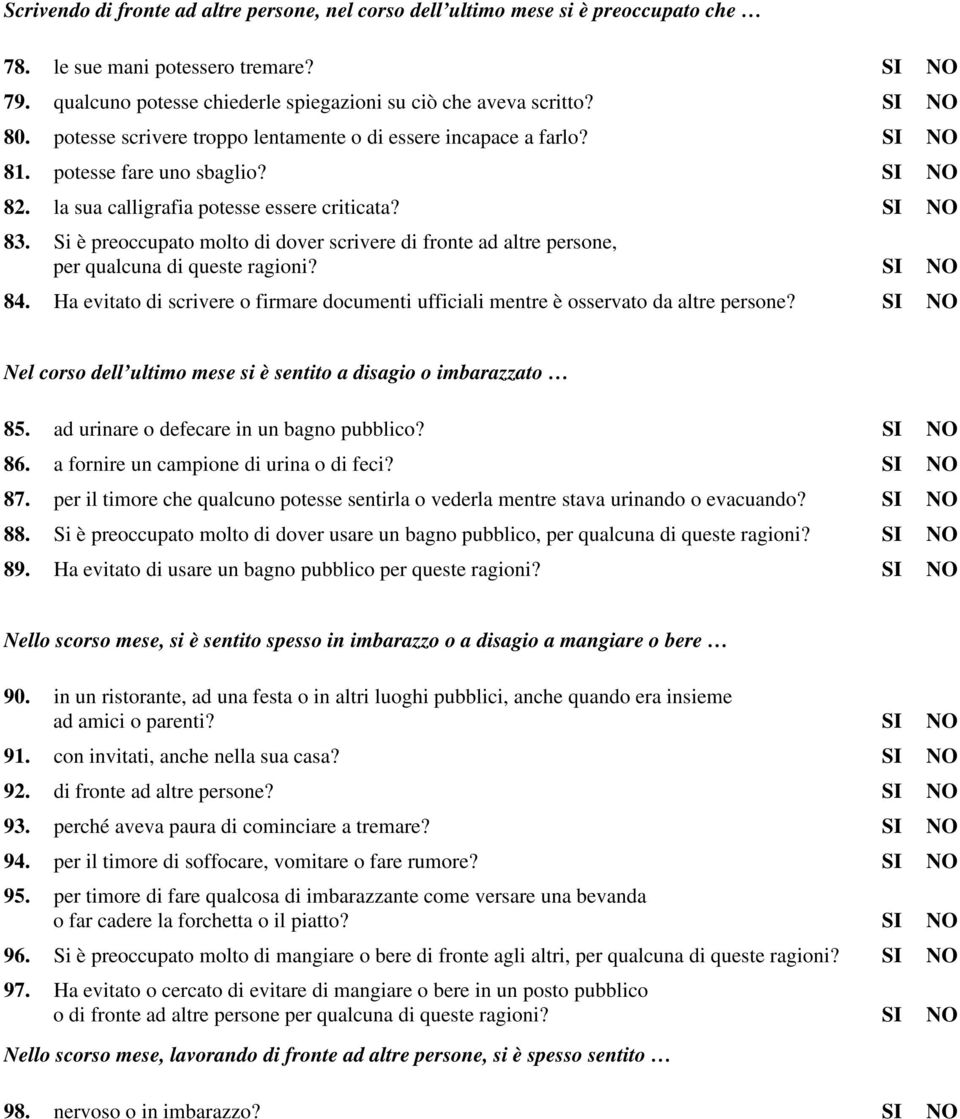 Si è preoccupato molto di dover scrivere di fronte ad altre persone, per qualcuna di queste ragioni? SI NO 84. Ha evitato di scrivere o firmare documenti ufficiali mentre è osservato da altre persone?