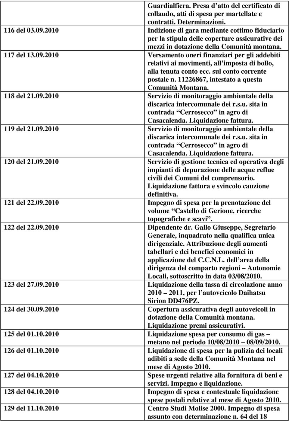 2010 Versamento oneri finanziari per gli addebiti relativi ai movimenti, all imposta di bollo, alla tenuta conto ecc. sul conto corrente postale n. 11226867, intestato a questa Comunità Montana.