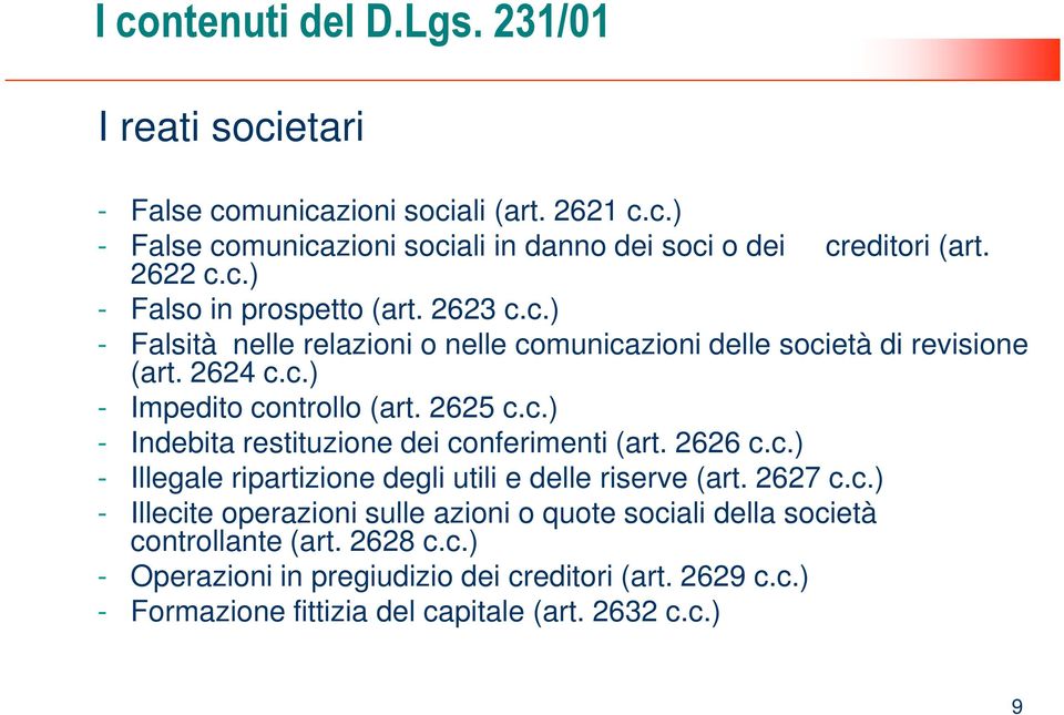 2625 c.c.) - Indebita restituzione dei conferimenti (art. 2626 c.c.) - Illegale ripartizione degli utili e delle riserve (art. 2627 c.c.) - Illecite operazioni sulle azioni o quote sociali della società controllante (art.