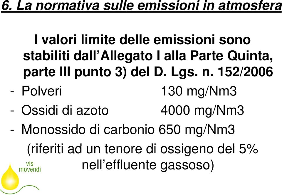 n. 152/2006 - Polveri 130 mg/nm3 - Ossidi di azoto 4000 mg/nm3 - Monossido di