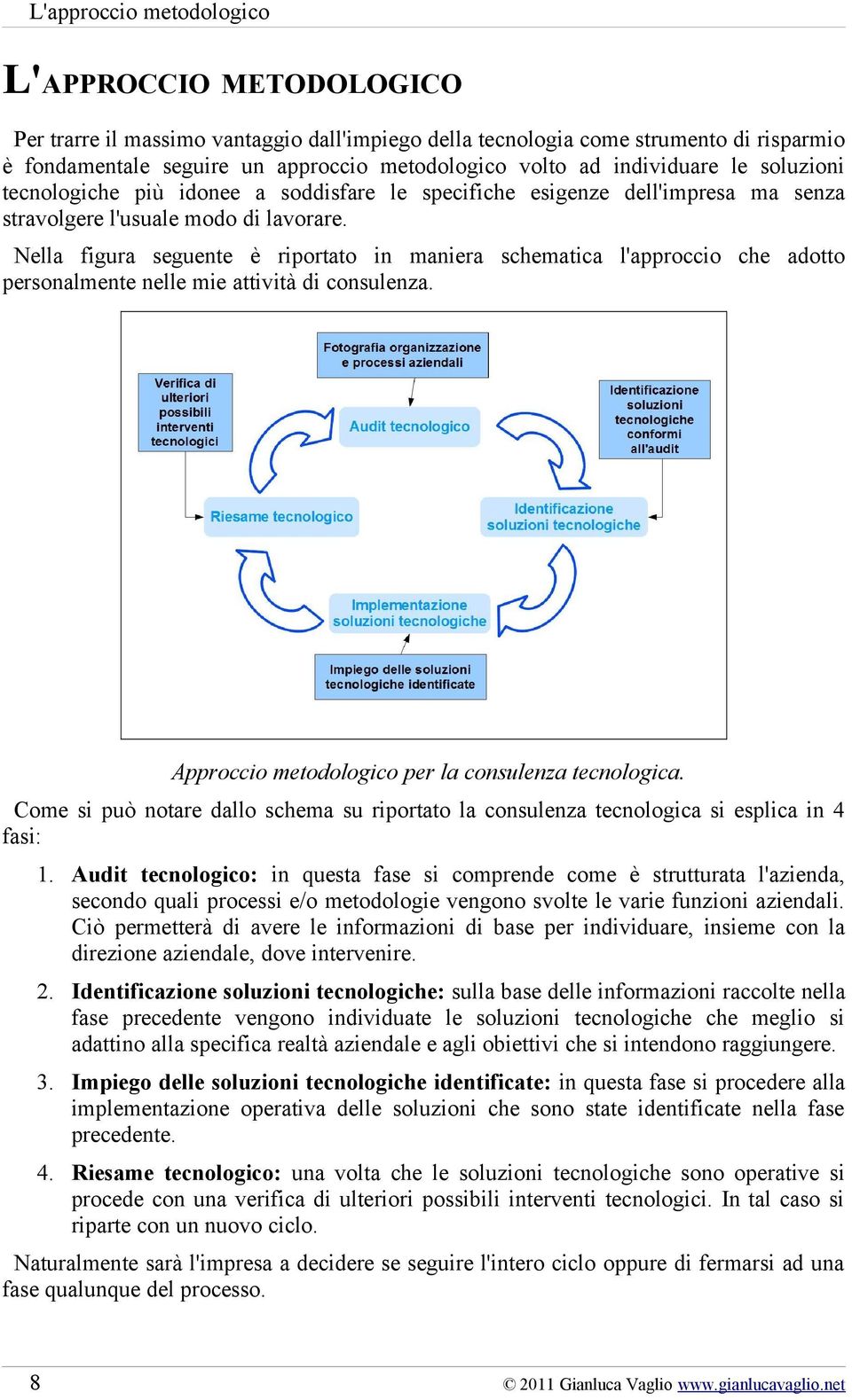 Nella figura seguente è riportato in maniera schematica l'approccio che adotto personalmente nelle mie attività di consulenza. Approccio metodologico per la consulenza tecnologica.