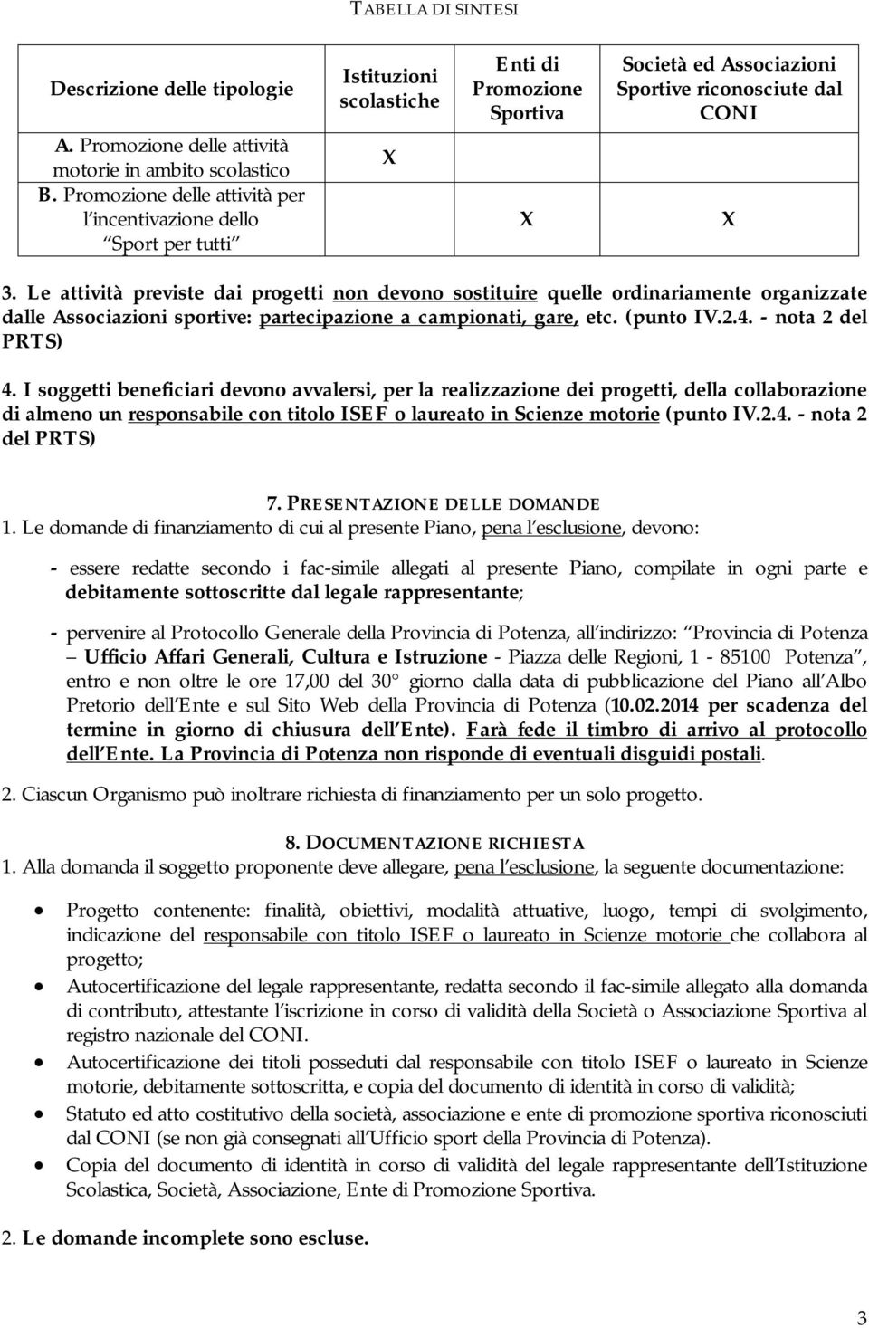 Le attività previste dai progetti non devono sostituire quelle ordinariamente organizzate dalle Associazioni sportive: partecipazione a campionati, gare, etc. (punto IV.2.4. - nota 2 del PRTS) 4.