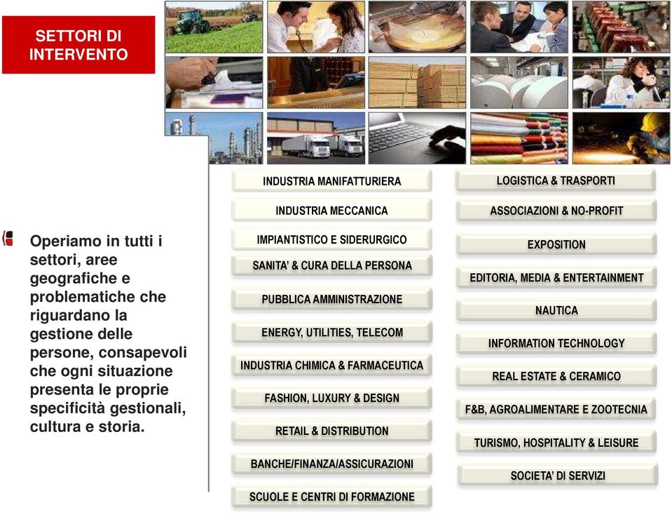 INDUSTRIA MANIFATTURIERA INDUSTRIA MECCANICA IMPIANTISTICO E SIDERURGICO SANITA & CURA DELLA PERSONA PUBBLICA AMMINISTRAZIONE ENERGY, UTILITIES, TELECOM INDUSTRIA CHIMICA &