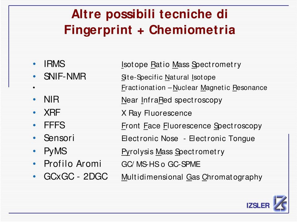 Aromi GCxGC - 2DGC Near InfraRed spectroscopy X Ray Fluorescence Front Face Fluorescence Spectroscopy