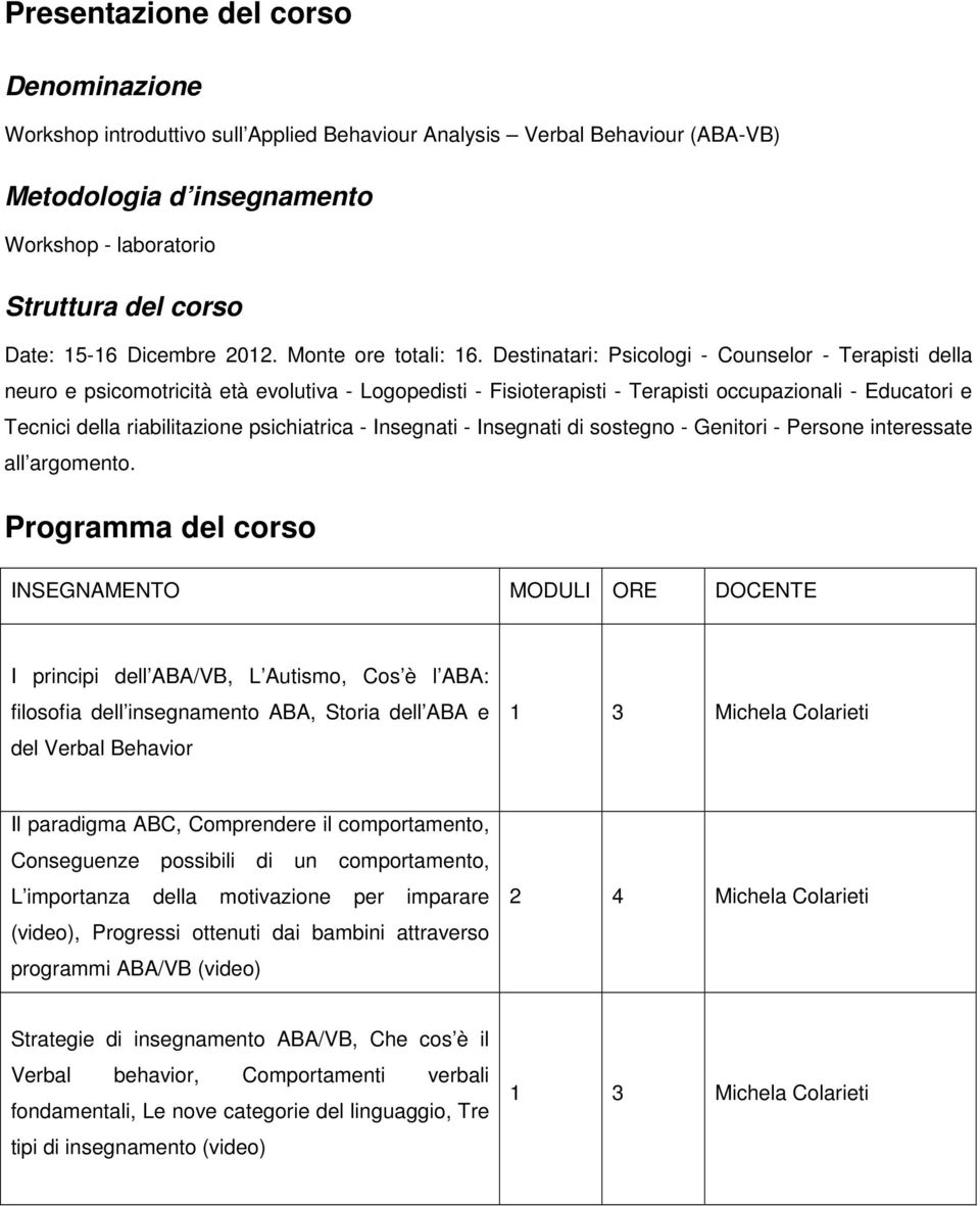 Destinatari: Psicologi - Counselor - Terapisti della neuro e psicomotricità età evolutiva - Logopedisti - Fisioterapisti - Terapisti occupazionali - Educatori e Tecnici della riabilitazione