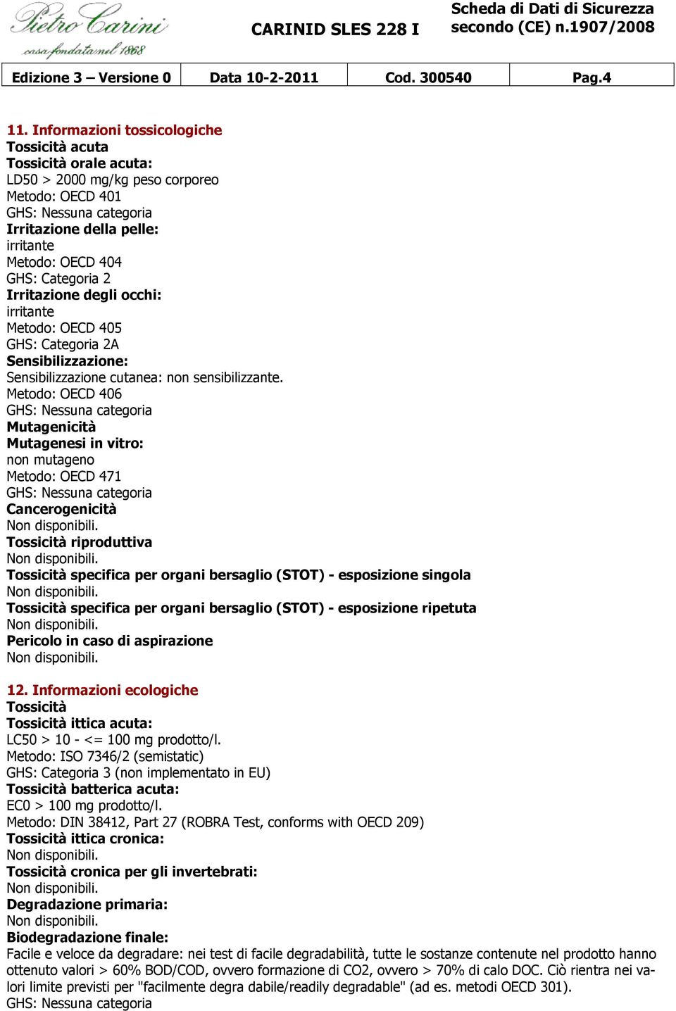 degli occhi: irritante Metodo: OECD 405 GHS: Categoria 2A Sensibilizzazione: Sensibilizzazione cutanea: non sensibilizzante.