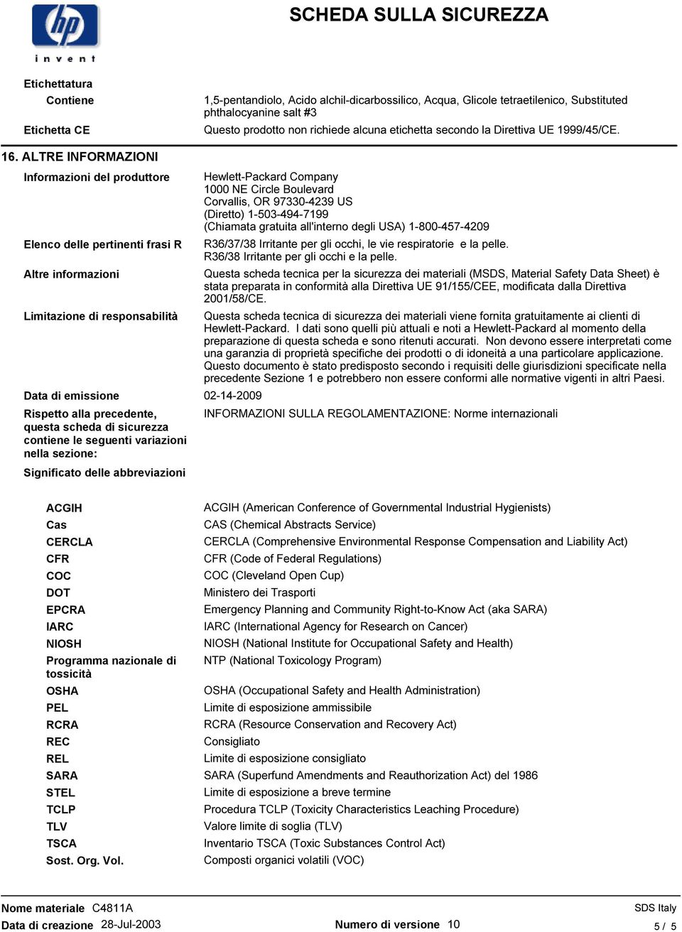 sicurezza contiene le seguenti variazioni nella sezione: Significato delle abbreviazioni Hewlett-Packard Company 1000 NE Circle Boulevard Corvallis, OR 97330-4239 US (Diretto) 1-503-494-7199