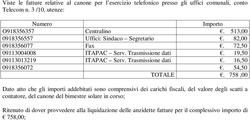 Trasmissione dati. 19,50 09113013219 ITAPAC Serv. Trasmissione dati. 16,50 0918356072. 54,50 TOTALE.