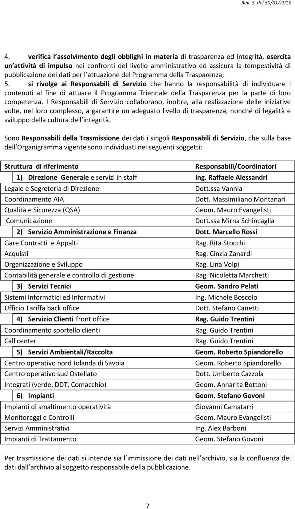 si rivolge ai Responsabili di Servizio che hanno la responsabilità di individuare i contenuti al fine di attuare il Programma Triennale della Trasparenza per la parte di loro competenza.