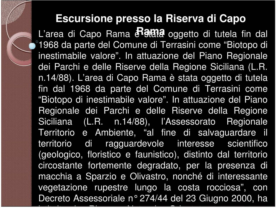 L area di Capo Rama è stata oggetto di tutela fin dal 1968 da parte del Comune di Terrasini come Biotopo di inestimabile valore.